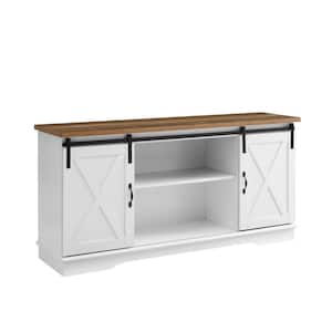 58 in. White and Rustic Oak Composite TV Stand 64 in. with Doors