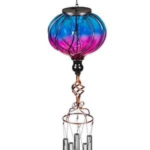 33 in. Solar Hot Air Balloon Hanging Glass Wind Chime, Purple and Blue