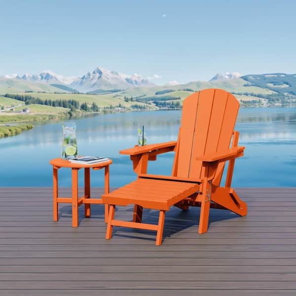 Laguna Outdoor Plastic Folding Adjustable Adirondack Chair w/ Pull Out Ottoman and Round Side Table, Orange