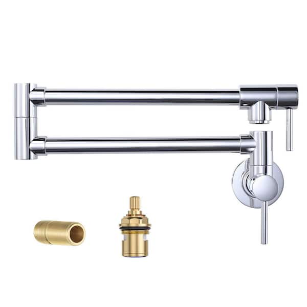 Wall-Mounted Pot Filler Faucet with Dual Handles and 360° Swing in Polished Chrome