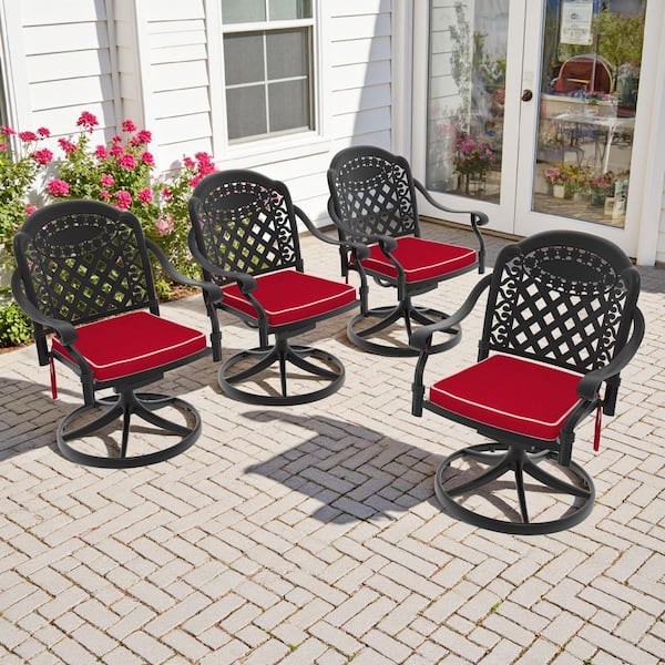 Black Cast Aluminum Swivel Rocker Outdoor Patio Dining Chairs with Red Cushions(4-Pack)