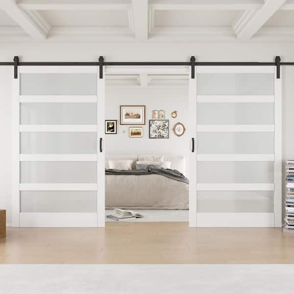EH PUERTA 96 in. x 84 in. 5-Lite Frosted Glass White MDF Finished Double Sliding Barn Door Slab with Hardware and Soft Close