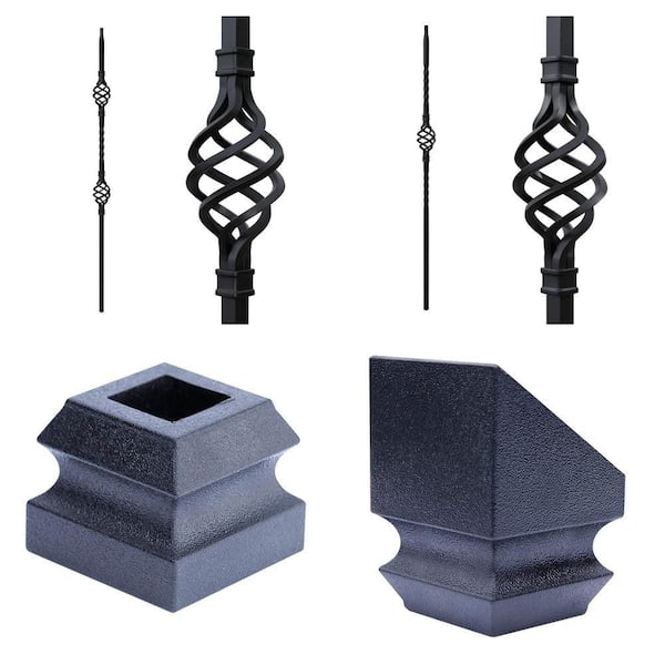 44 in. x 1/2 in. Matte Black Double Basket Iron Baluster, Single Basket Baluster, Flat Shoe and Angle Shoe Combo
