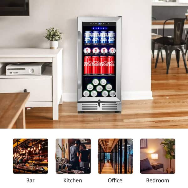 Hooure 15 in. Built-In/Freestanding Single Zone Beverage Refrigerator with 127 Can 12 (Oz.) Beverage, Stainless Steel, Silver