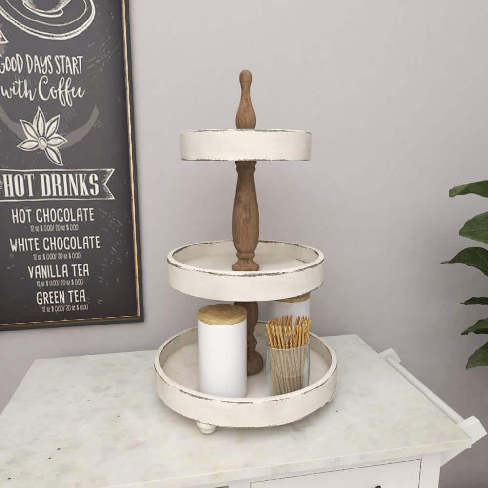Distressed White and Brown Wood 3-Tier Round Serving Tray
