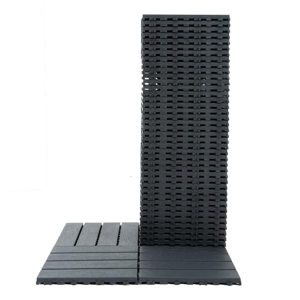 FIROMO 12 in. x 12 in. Plastic Dark Grey Square Stripe Interlocking Floor, Patio Deck Tiles (44-Pack)