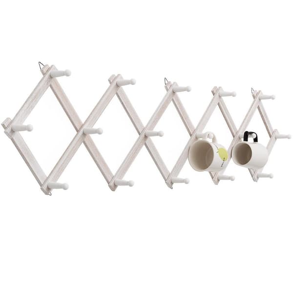 Rustic White Wood Expandable Coat Rack with 16 Hooks, Foldable Wall Hat Rack for Baseball Caps, Cowboy, Bag, Hoodie