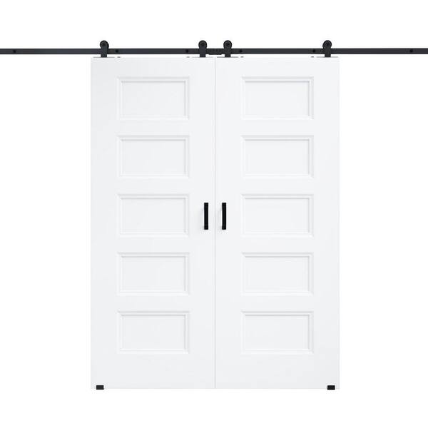60 in. x 80 in. 5 Panel White Primed Hollow Core MDF Sliding Barn Door with T Shape Hanger Set Hardware