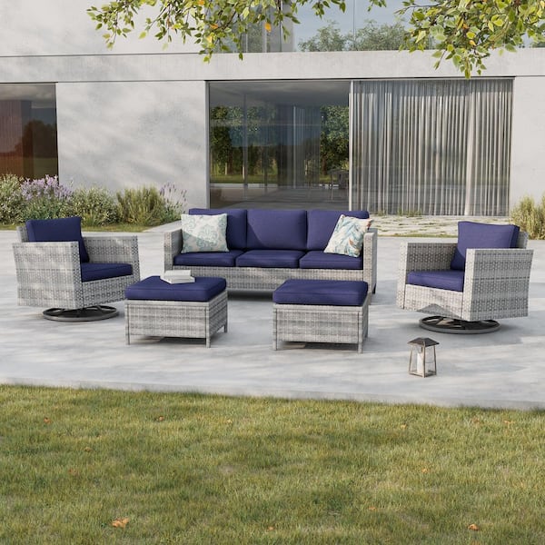 Sonkuki 5-Piece Patio Conversation Set Gray Wicker with Swivel Rocking Chair and Navy Blue Thickening Cushions