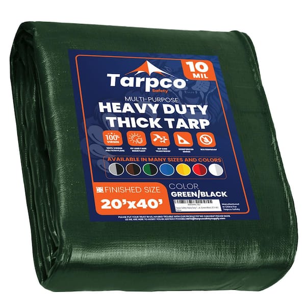 TARPCO SAFETY 20 ft. x 40 ft. Green/Black 10 Mil Heavy Duty Polyethylene Tarp, Waterproof, UV Resistant, Rip and Tear Proof