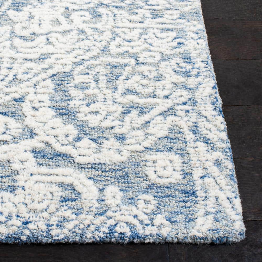 Handmade Blue Floral Wool 4' x 6' Area Rug