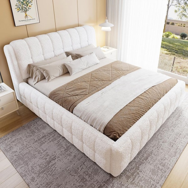 Crofts White Berber Fleece Upholstered Wood Frame California King Platform Bed with Tufted Headboard, Solid Wood Legs