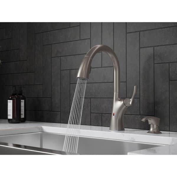 eMasey Electronic Single Handle Pull-Down Sprayer Kitchen Faucet w/Deckplate Soap Disp in Spot Defense Stainless Steel