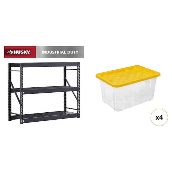 3-Shelf Metal Garage Storage Shelving Unit (65 in. x 54 in. x 24 in.) with 27 Gal. Yellow Lid Storage Tote (2-Piece)