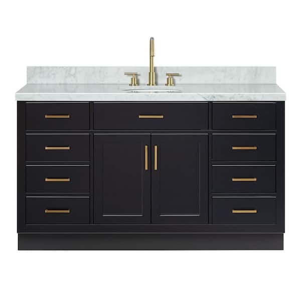 Hepburn 61 in. W x 22 in. D x 36 in. H Single Sink Freestanding Bath Vanity in Black with Italian Carrara Marble Top