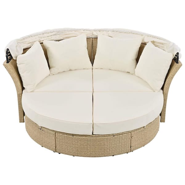 HomeAura Wicker Outdoor Day Bed with Beige Retractable Canopy and Cushions