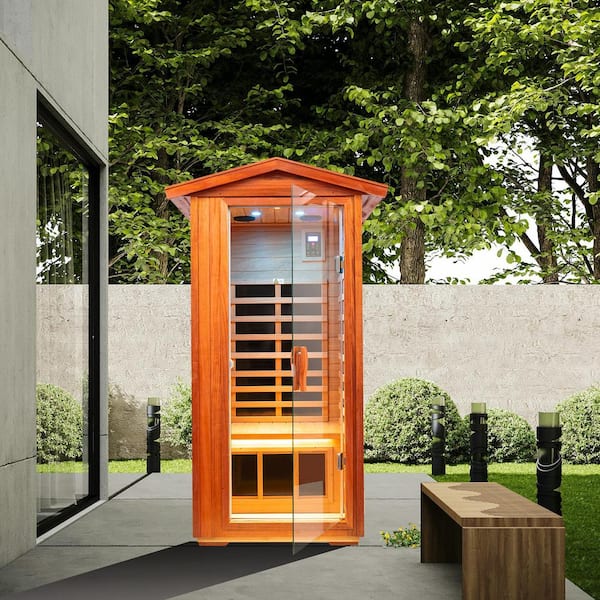 Shaiko 1-Person Outdoor Khaya Infrared Sauna with 6-Carbon Crystal Heaters and 7-Chromotherapy Lights
