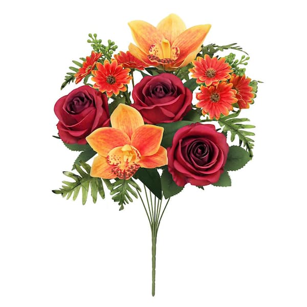 16 in. Red Orange Artificial Mixed Rose Cymbidium Orchid Daisy Flower Stem Bush Bouquet (Set of 2)