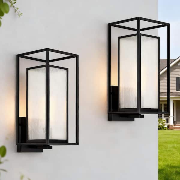 18 in. H 1-Light Matte Black Hardwired Outdoor Wall Light Lantern Porch Sconce with Seedy Glass Shade (2-Pack)
