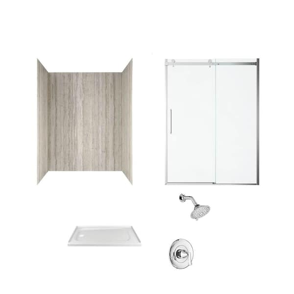 American Standard Passage 60 in. x 72 in. Left Drain 4-Piece Glue-Up Alcove Shower Wall Door Chatfield Shower Kit in Pewter Travertine
