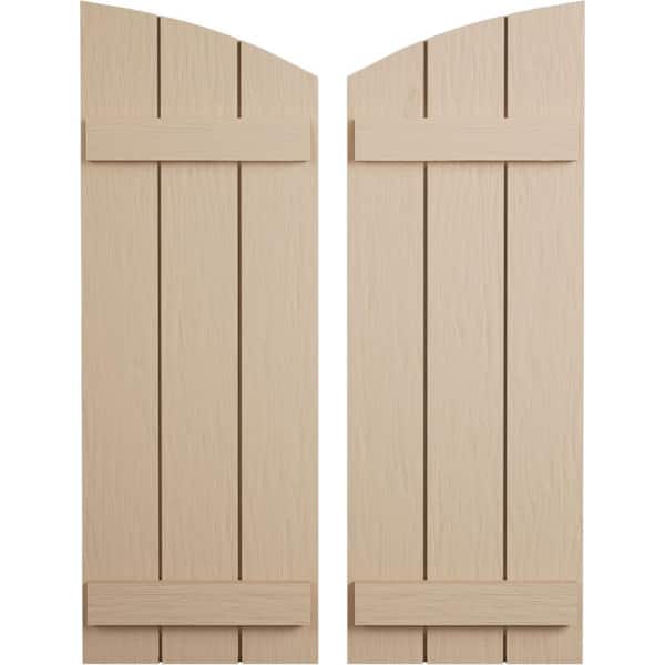 Ekena Millwork 16.5 in. x 52 in. Polyurethane Rough Sawn 3 Board Joined Board-n-Batten Elliptical Top Faux Wood Shutters Primed Tan
