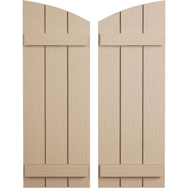 Ekena Millwork 16.5 in. x 82 in. Polyurethane Rough Sawn 3-Board Joined Board and Batten Elliptical Top Faux Wood Shutters Primed Tan