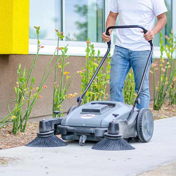 Commercial 38 in. W Manual Push Sweeper with Triple Power Brooms Floor Cleaning of Dust Litter Grass, 14.5 Gal. Bin