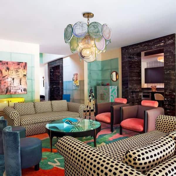 Vinto 5-Light 20.9 in. W Brushed Gold and Green Tiered Vintage Chandelier with Colorful Glass Discs for Living Room