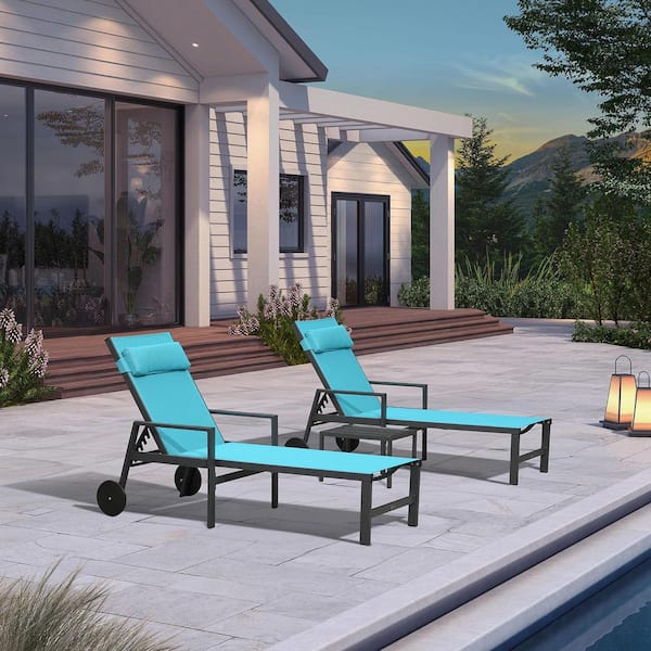 Black Frame Lounge of 3-Pieces Aluminum Outdoor Chaise Lounge with Cushion and Armrests, Blue