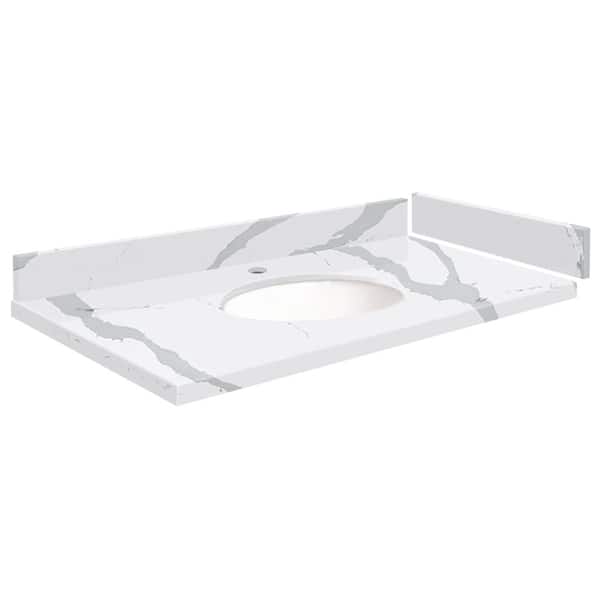 Transolid Silestone 33.75 in. W x 22.25 in. D Quartz White Round Single Sink Vanity Top in Bianco Calacatta