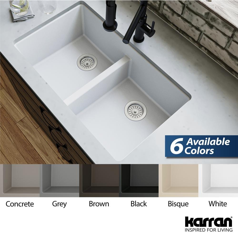 White Quartz Double Bowl Undermount Kitchen Sink, 32"