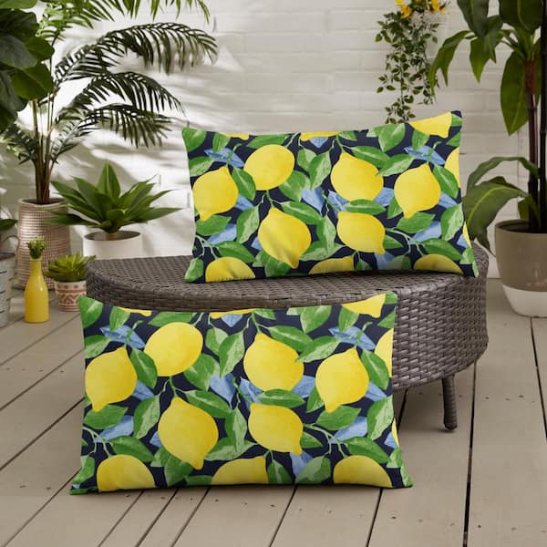 Sorra Home Yellow Lemons Rectangular Outdoor Knife Edge Lumbar Pillows 2 Pack