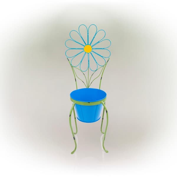 Alpine Corporation 24 in. Tall Blue Daisy Flower Planter with Stand Decoration Yard Statue
