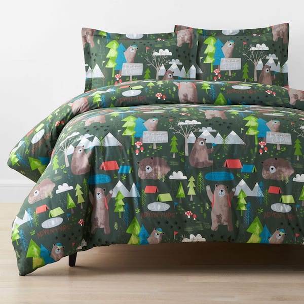 Company Kids Green Multi Bear Camp Organic Cotton Percale Queen Duvet Cover Set