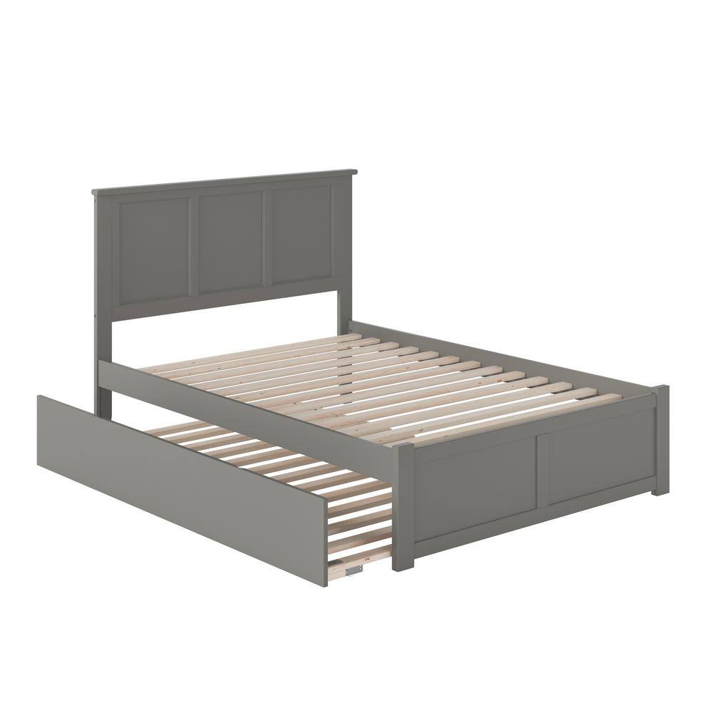 Grey Full Platform Bed with Wood Headboard and Trundle