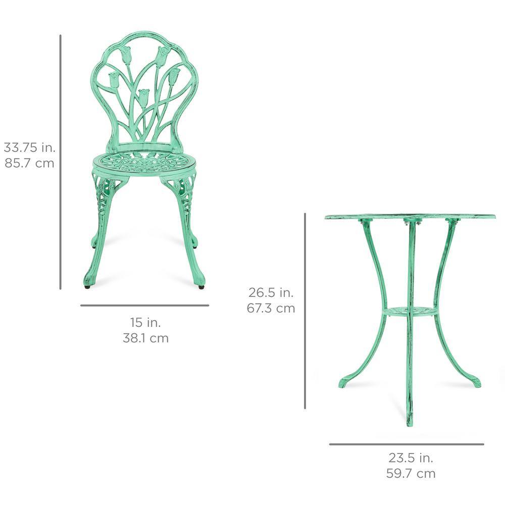 Teal Cast Aluminum Outdoor Bistro Set with Floral Design