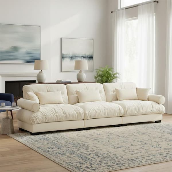 BREAD 130 in. Rolled Arm Velvet 3-Seater Rectangle Cloud Look Sofa with Bolster Armrests and Deep Seats in Ivory White