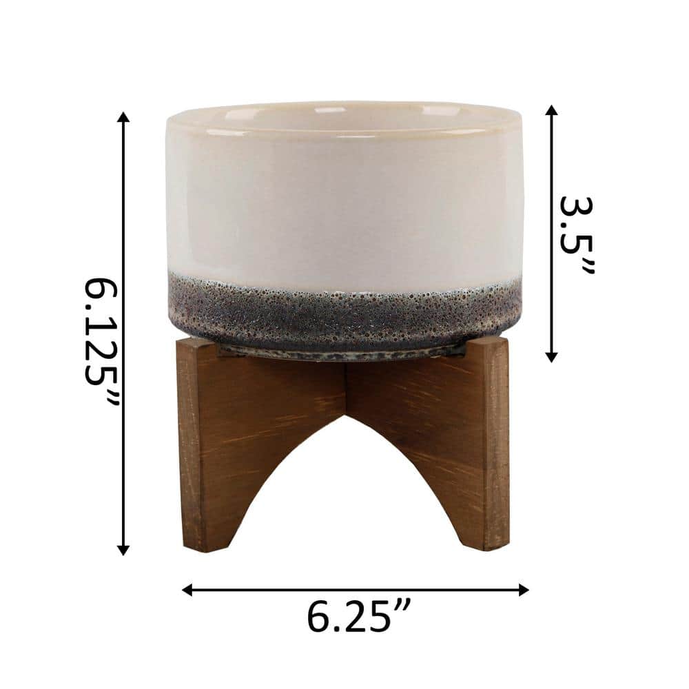 Mid-Century Ceramic Lava Pot with Wood Stand, 6.25"
