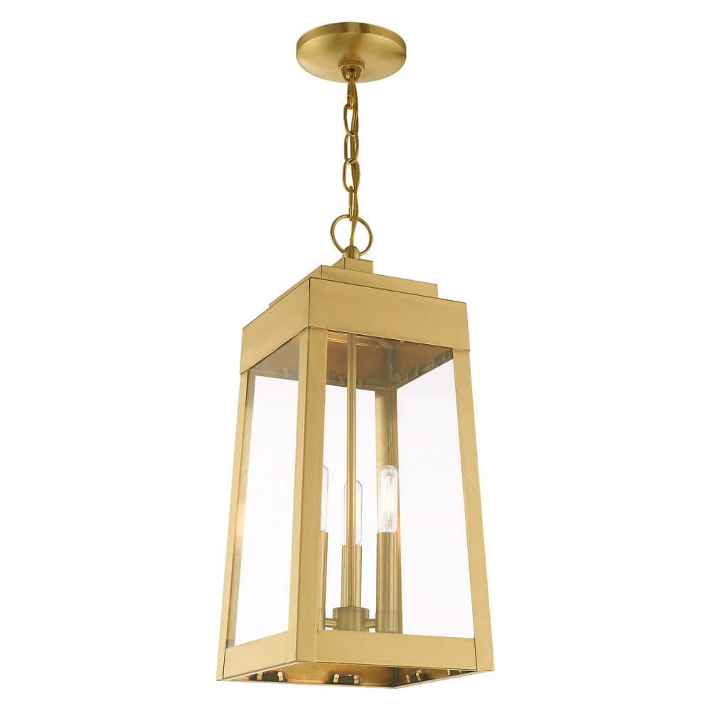 Satin Brass 3-Light Outdoor Pendant Lantern with Clear Glass