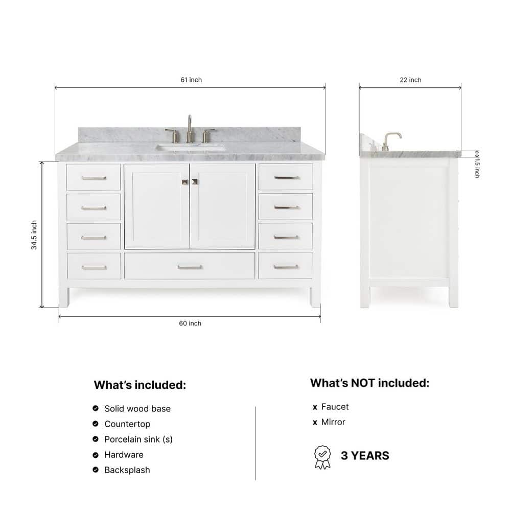 Cambridge 61" White Marble Top Single Vanity with Storage