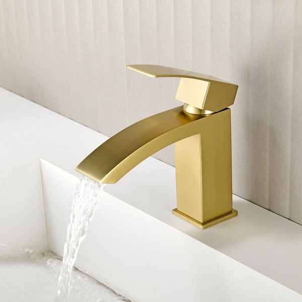Single Handle Single Hole Bathroom Faucet with Deck Plate, Lever Handle Waterfall Faucet with Drain in Brushed Gold