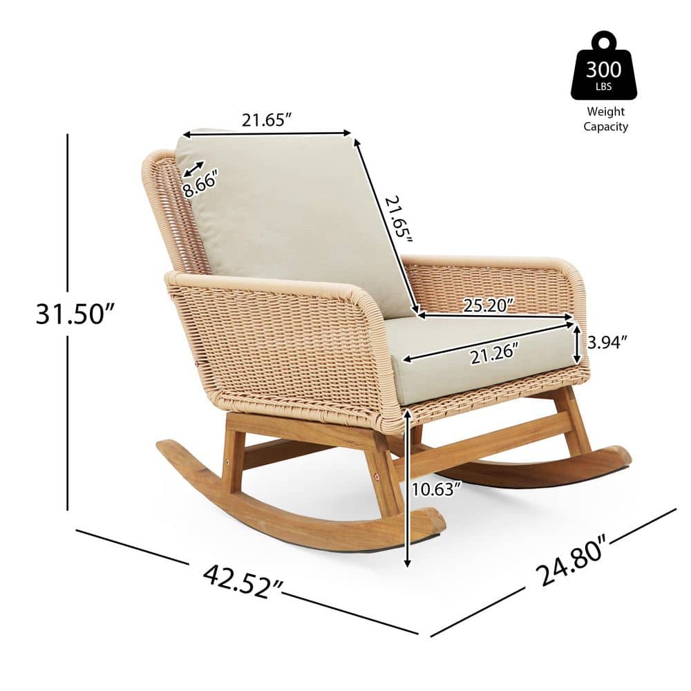 Beige Cushioned Wood and Rattan Outdoor Rocking Chair Set