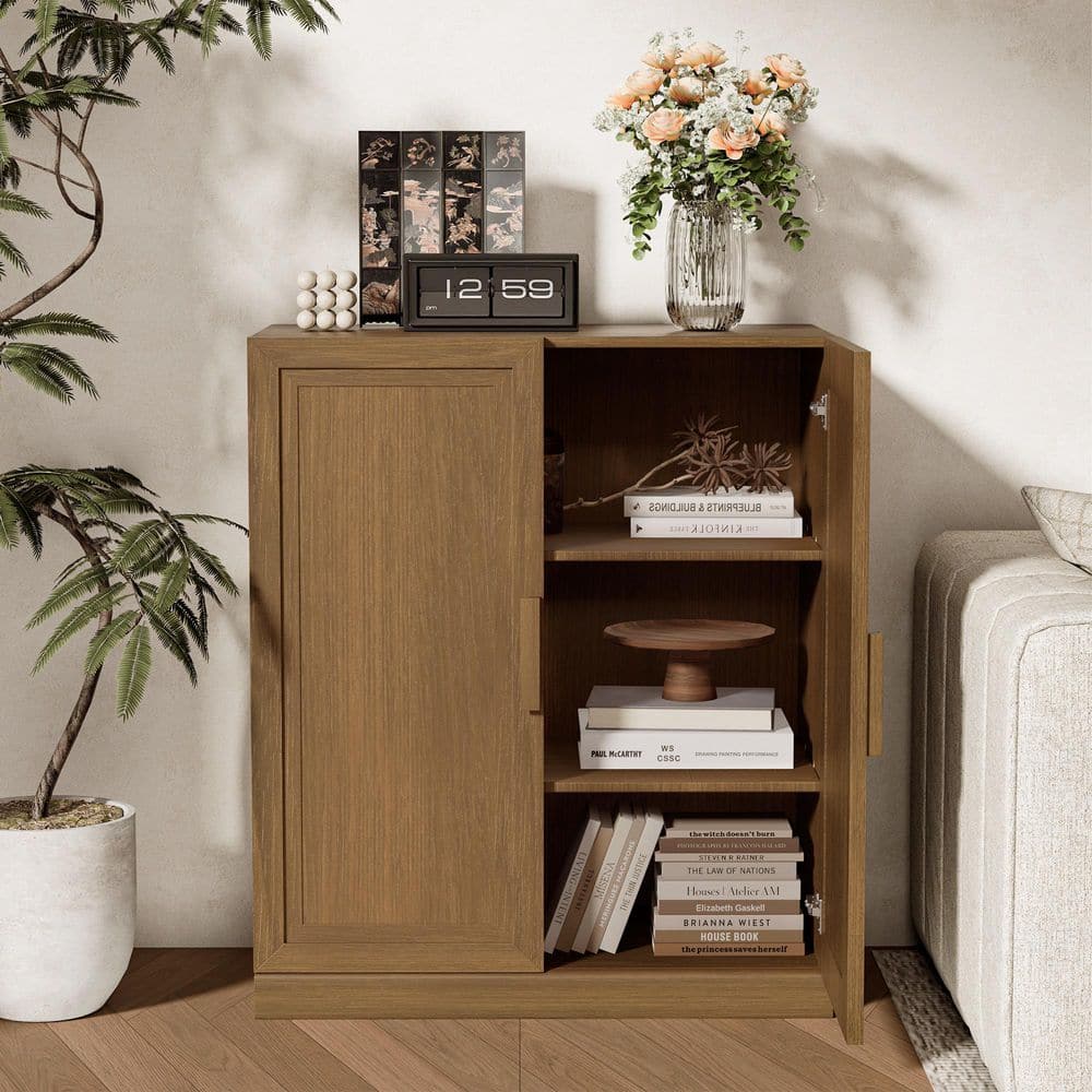 Walnut Wooden 36 in. H x 31 in. W Storage Cabinet with Adjustable Shelves China Cabinet Display Cabinet