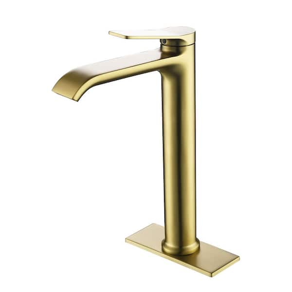 FLG Single Handle Waterfall Bathroom Vessel Sink Faucet with 6 in. Deck Plate Modern Brass High Tall Taps in Brushed Gold