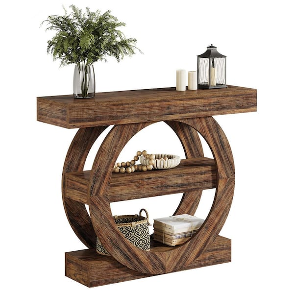 Turrella 41. 34in. 3-Tier Rectangle Farmhouse Brown Wood Console Table Hallway Accent Table for Entryway Living Room