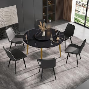 Black Marble 53.15 in. 4 Legs 360°Rotating Lazy Dining Table (Seats 6)