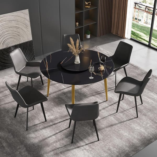 J&E Home Black Marble 53.15 in. 4 Legs 360°Rotating Lazy Dining Table (Seats 6)