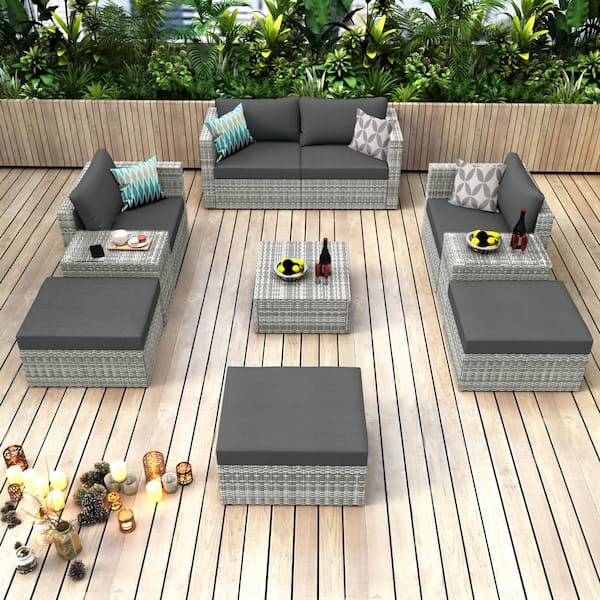 Tenleaf Gray 10-Piece Wicker Outdoor Sectional Patio Conversation Set with Dark Gray Cushions and Four Pillows
