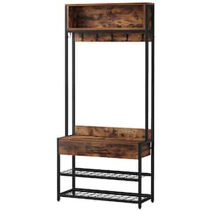 Brown 4-in-1 Entryway Coat Rack with Shoe Bench and Hutch, Vintage Industrial Wood Accent Furniture with Metal Frame