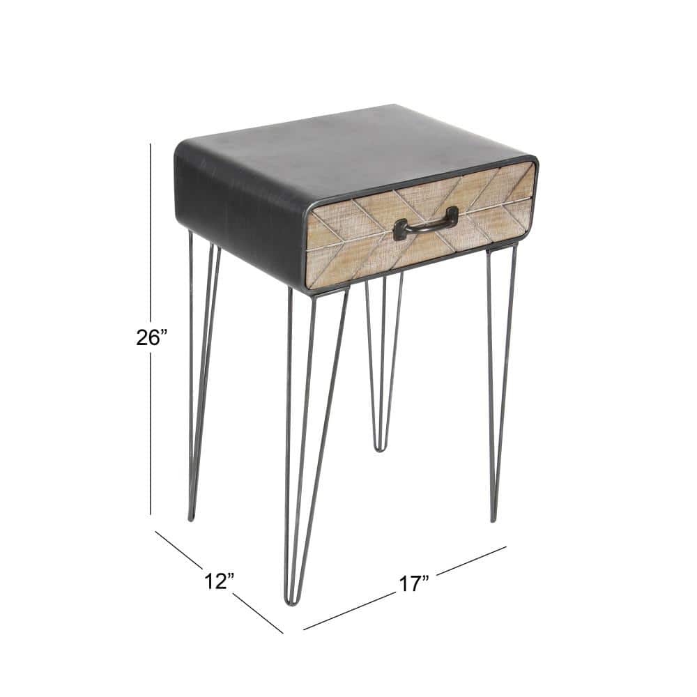 Black and Beige Metal Wood Accent Table with Drawer